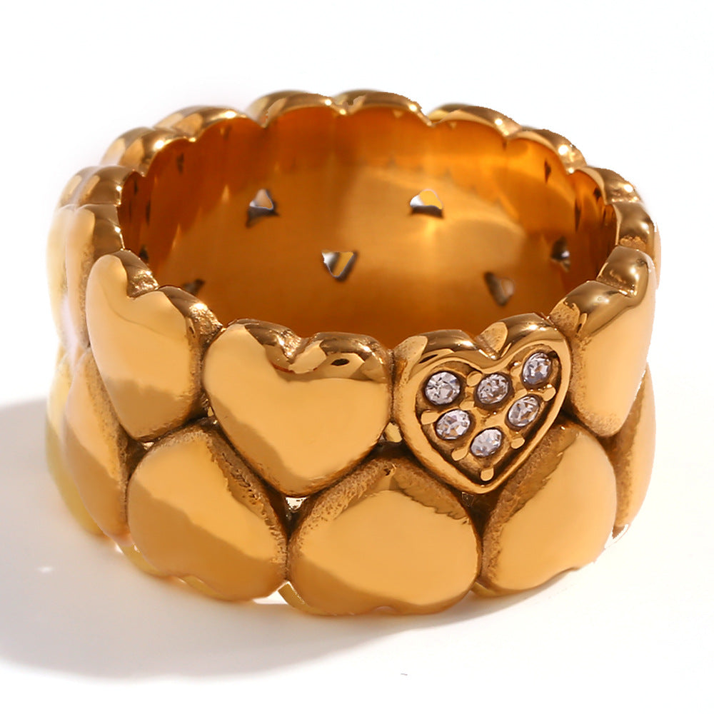 Wholesale Wide Double Layer Peach Heart Stainless Steel 18K Gold Plated Ring